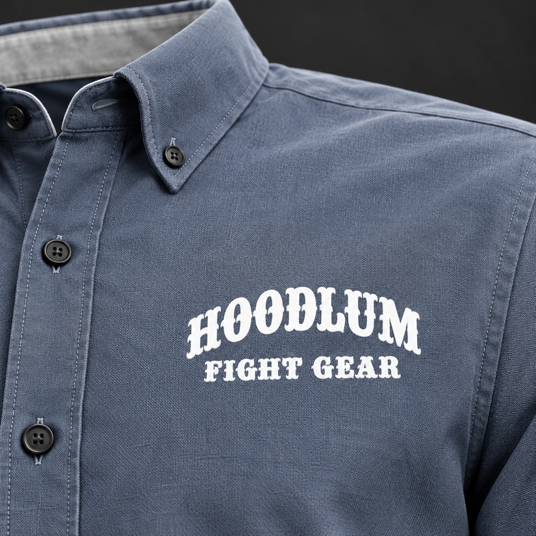 Courage Oxford Shirt — Slate / Glacier — Branding detail (AI demo concept)