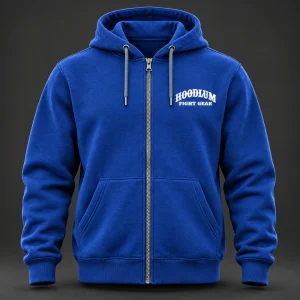 Courage Zip Hoodie — Cobalt / Steel — Front view (AI demo concept)