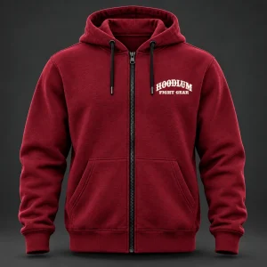 Courage Zip Hoodie — Crimson / Onyx — Front view (AI demo concept)