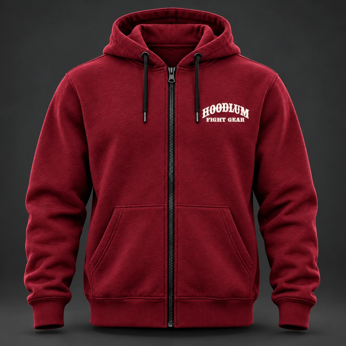 Courage Zip Hoodie — Crimson / Onyx — Front view (AI demo concept)