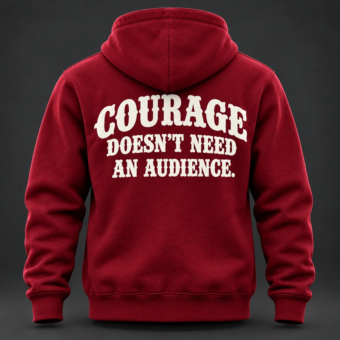 Courage Zip Hoodie — Crimson / Onyx — Back view (AI demo concept)