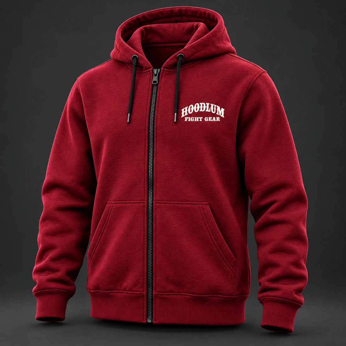Courage Zip Hoodie — Crimson / Onyx — Three-quarter view (AI demo concept)