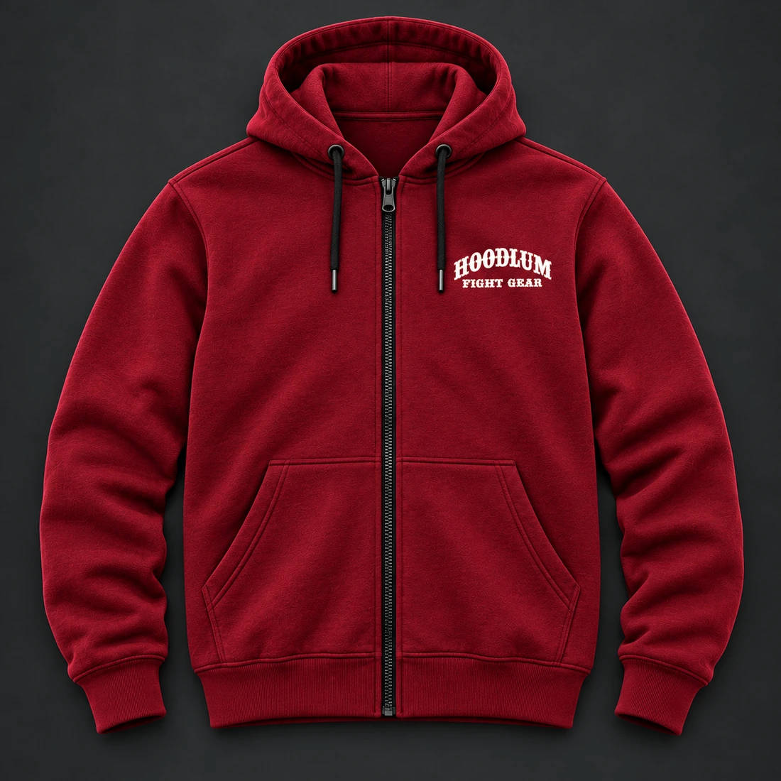 Courage Zip Hoodie — Crimson / Onyx — Flat-lay view (AI demo concept)
