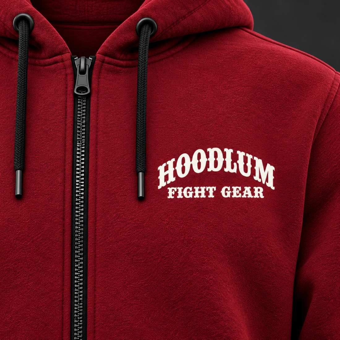 Courage Zip Hoodie — Crimson / Onyx — Branding detail (AI demo concept)