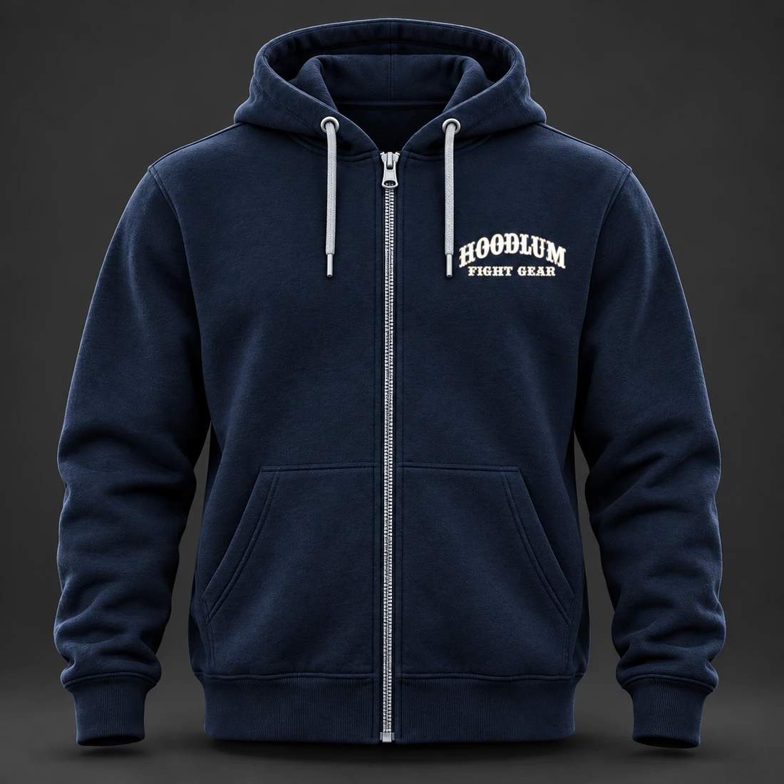 Courage Zip Hoodie — Midnight / Ice — Front view (AI demo concept)