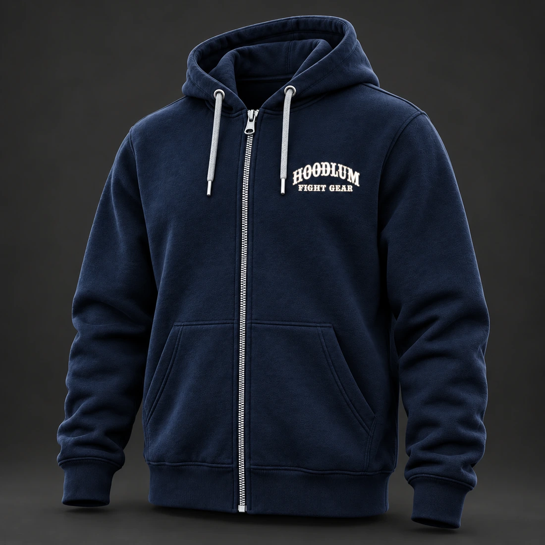 Courage Zip Hoodie — Midnight / Ice — Three-quarter view (AI demo concept)