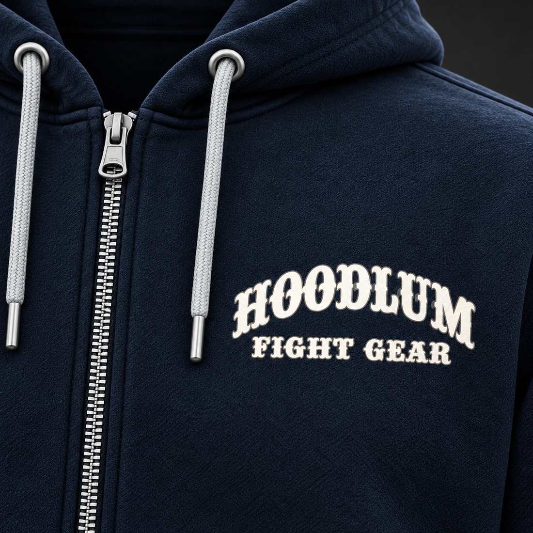 Courage Zip Hoodie — Midnight / Ice — Branding detail (AI demo concept)