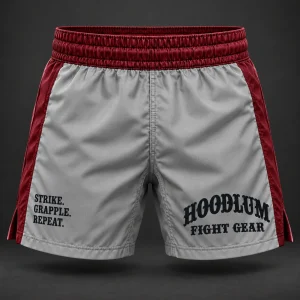Crimson Corner Shorts — Ash / Burgundy — Front view (AI demo concept)