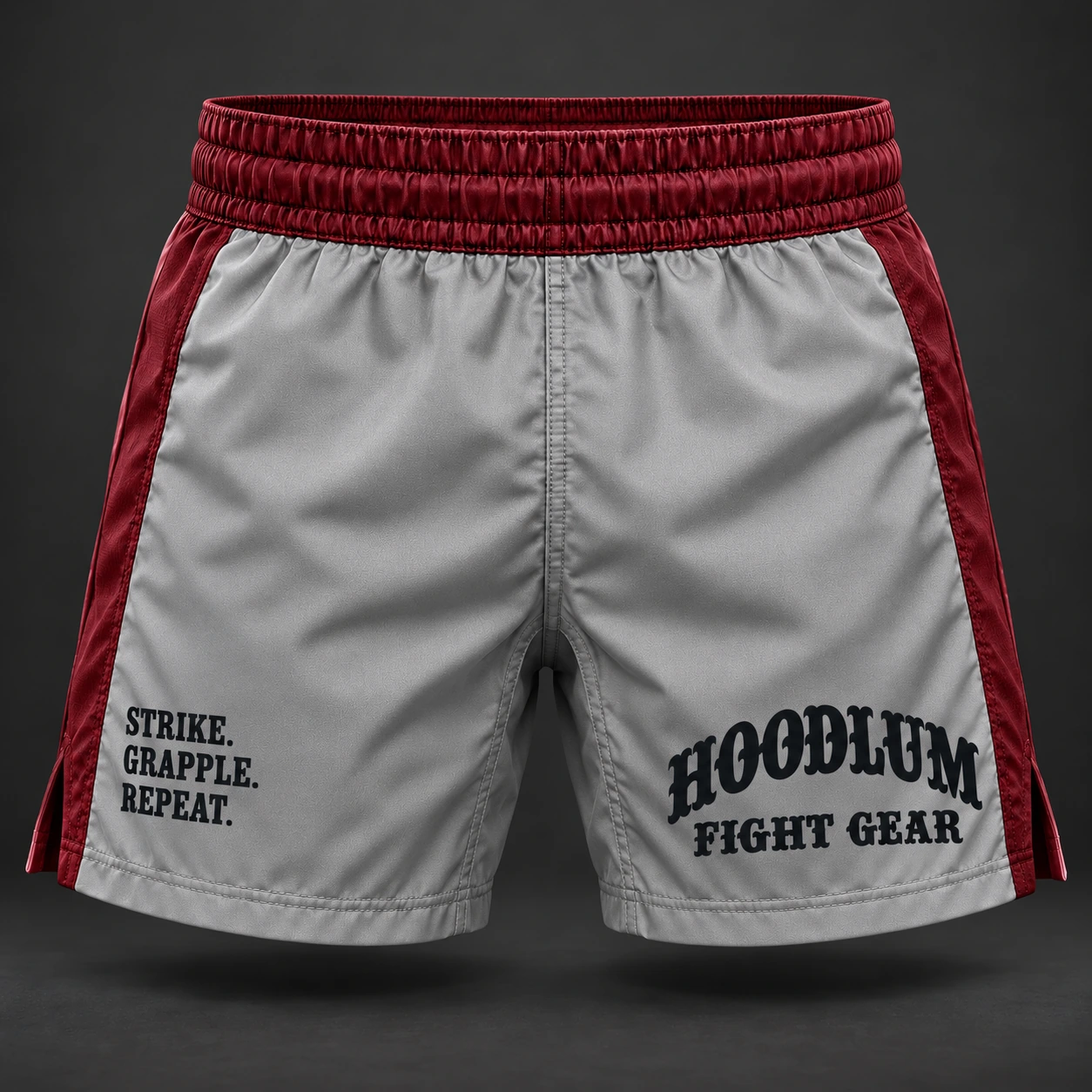 Crimson Corner Shorts — Ash / Burgundy — Front view (AI demo concept)