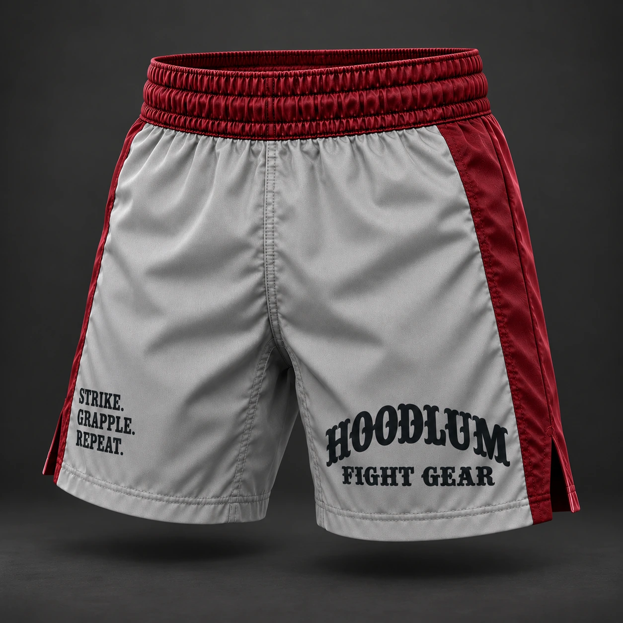 Crimson Corner Shorts — Ash / Burgundy — Three-quarter view (AI demo concept)