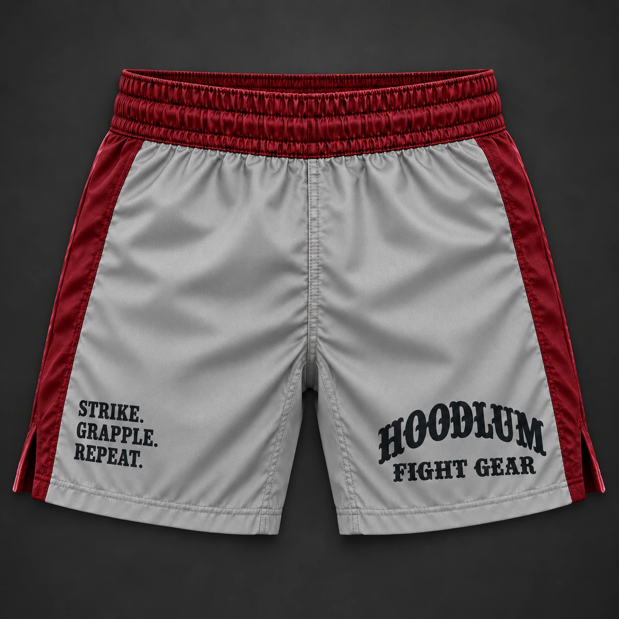 Crimson Corner Shorts — Ash / Burgundy — Flat-lay view (AI demo concept)