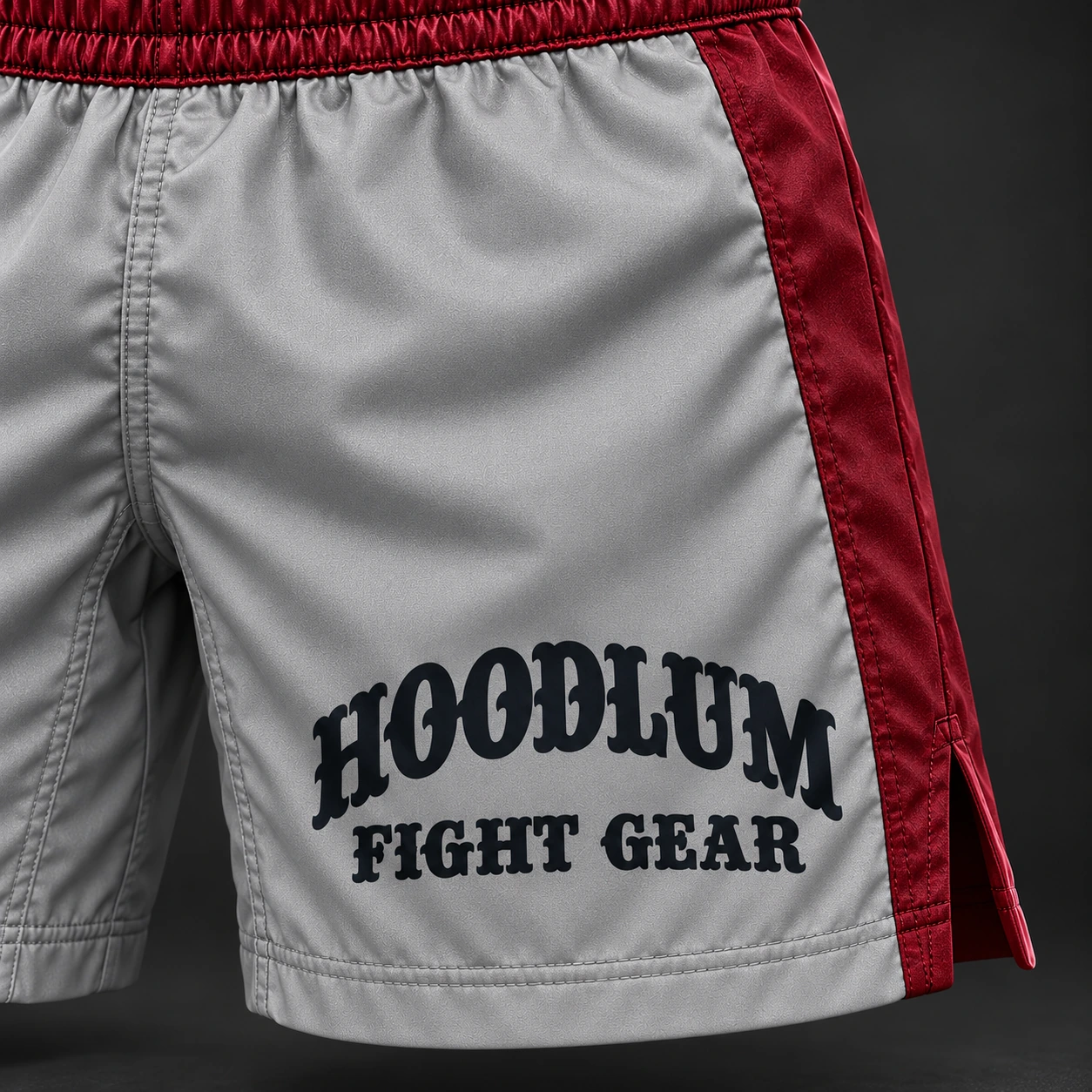 Crimson Corner Shorts — Ash / Burgundy — Branding detail (AI demo concept)