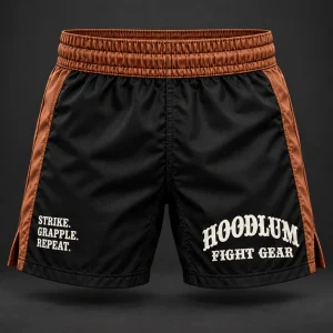 Crimson Corner Shorts — Black / Copper — Front view (AI demo concept)