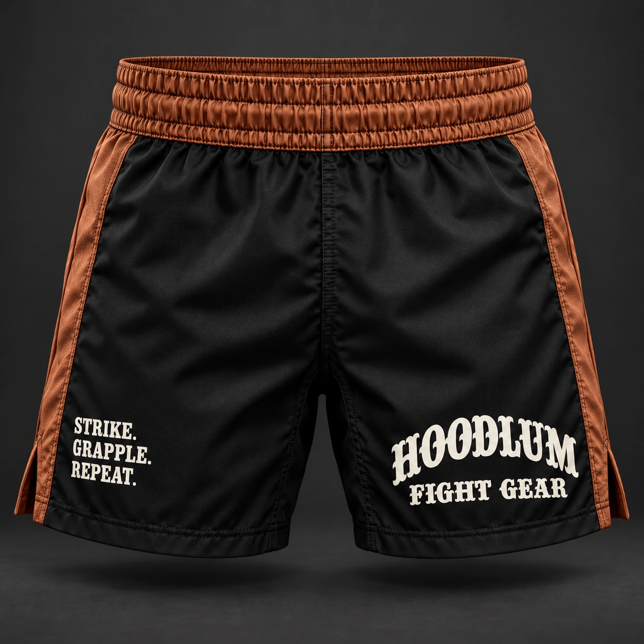 Crimson Corner Shorts — Black / Copper — Front view (AI demo concept)