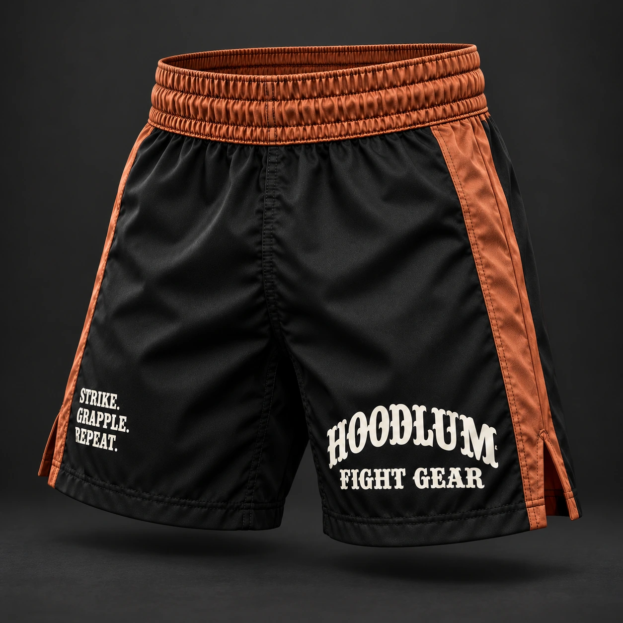 Crimson Corner Shorts — Black / Copper — Three-quarter view (AI demo concept)