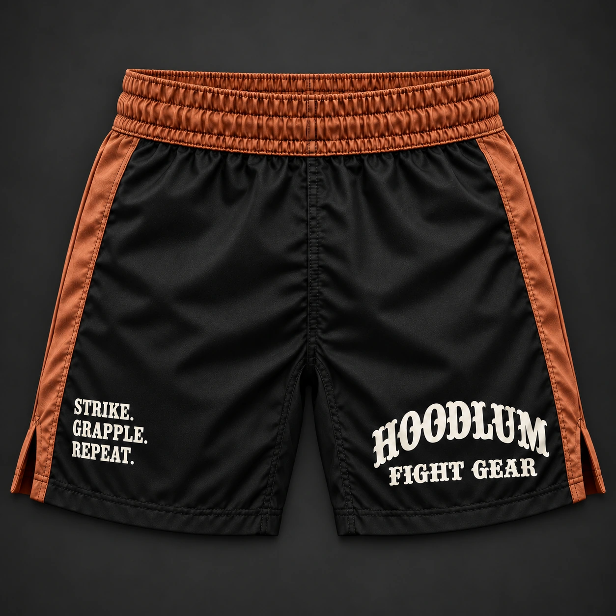 Crimson Corner Shorts — Black / Copper — Flat-lay view (AI demo concept)