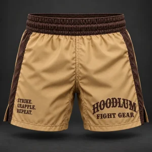 Crimson Corner Shorts — Camel / Espresso — Front view (AI demo concept)