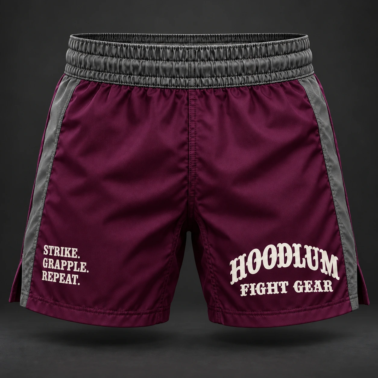 Crimson Corner Shorts — Plum / Pewter — Front view (AI demo concept)