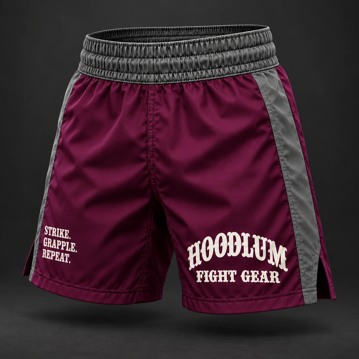 Crimson Corner Shorts — Plum / Pewter — Three-quarter view (AI demo concept)