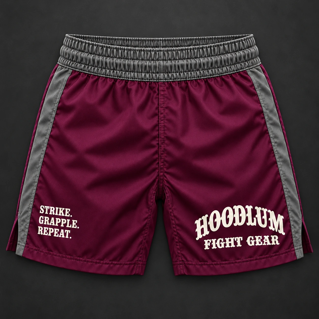Crimson Corner Shorts — Plum / Pewter — Flat-lay view (AI demo concept)