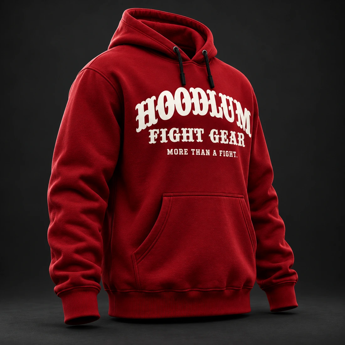 Crimson Fight Spirit Hoodie — Three-quarter view (AI demo concept)