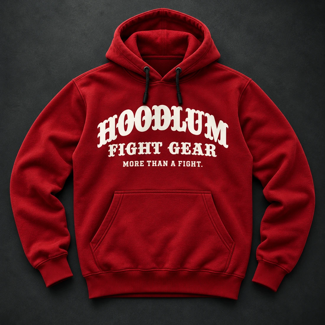Crimson Fight Spirit Hoodie — Flat-lay view (AI demo concept)