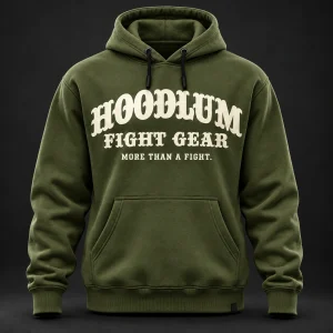 Crimson Fight Spirit Hoodie — Olive / Carbon — Front view (AI demo concept)