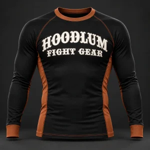 Crimson Grappling Rash Guard — Black / Copper — Front view (AI demo concept)