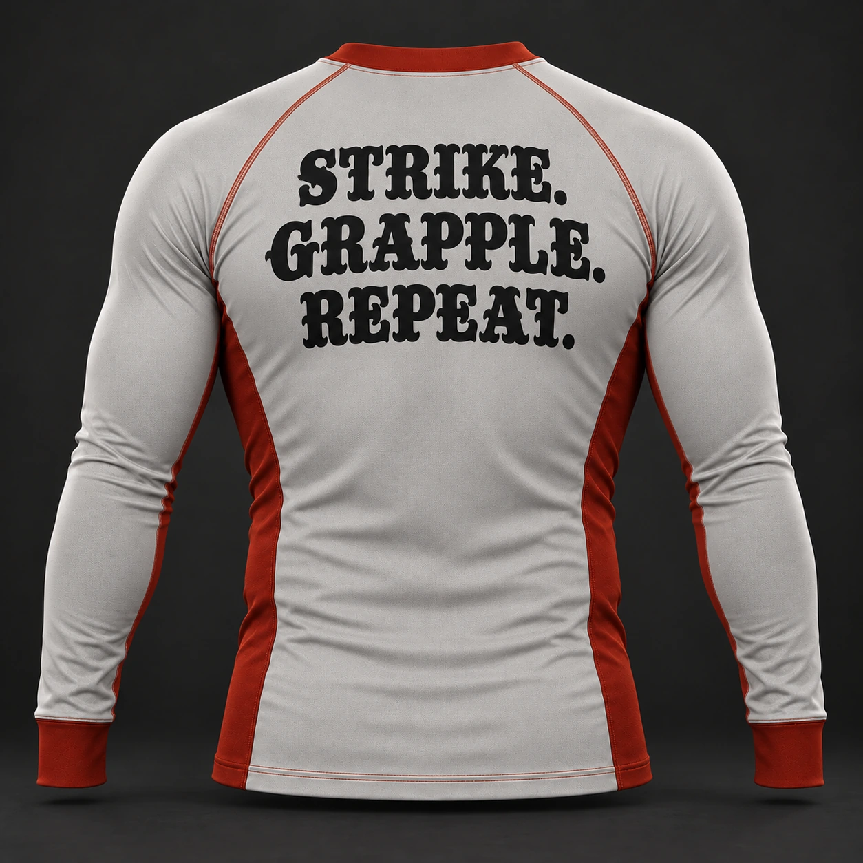 Crimson Grappling Rash Guard — Stone / Rust — Back view (AI demo concept)