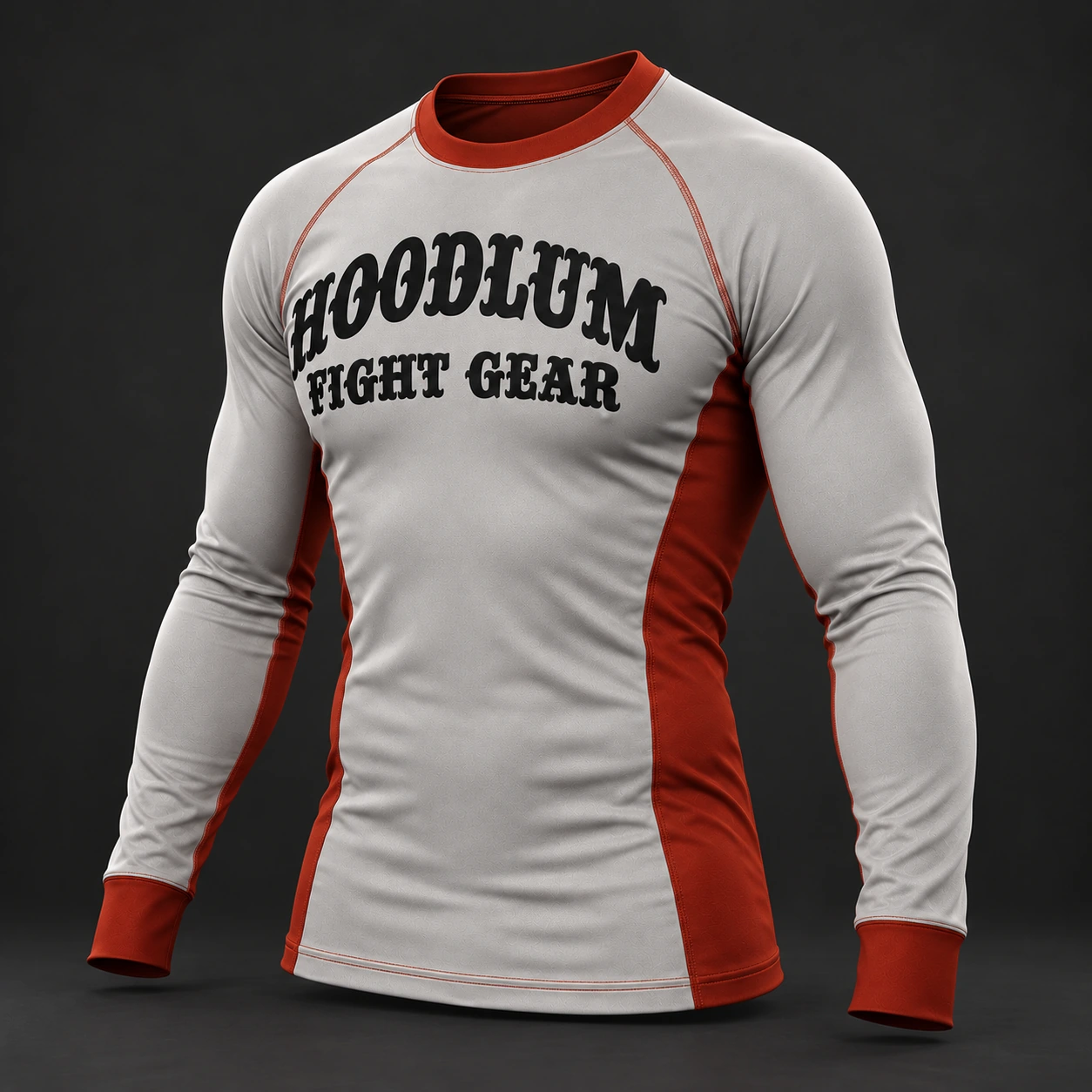 Crimson Grappling Rash Guard — Stone / Rust — Three-quarter view (AI demo concept)