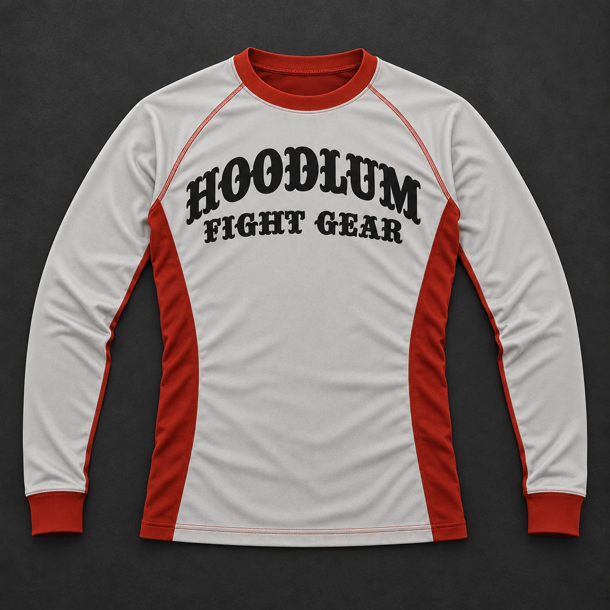 Crimson Grappling Rash Guard — Stone / Rust — Flat-lay view (AI demo concept)