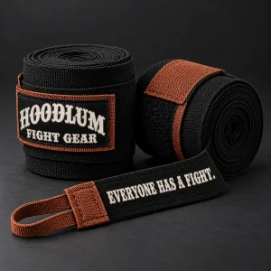 Crimson Hand Wraps — Black / Copper — Three-quarter view (AI demo concept)
