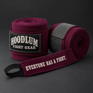 Crimson Hand Wraps — Plum / Pewter — Three-quarter view (AI demo concept)