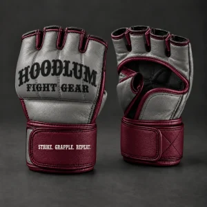 Crimson MMA Gloves — Ash / Burgundy — Three-quarter view (AI demo concept)