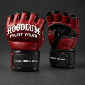 Crimson MMA Gloves — Three-quarter view (AI demo concept)