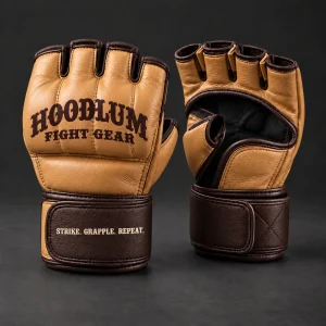 Crimson MMA Gloves — Camel / Espresso — Three-quarter view (AI demo concept)