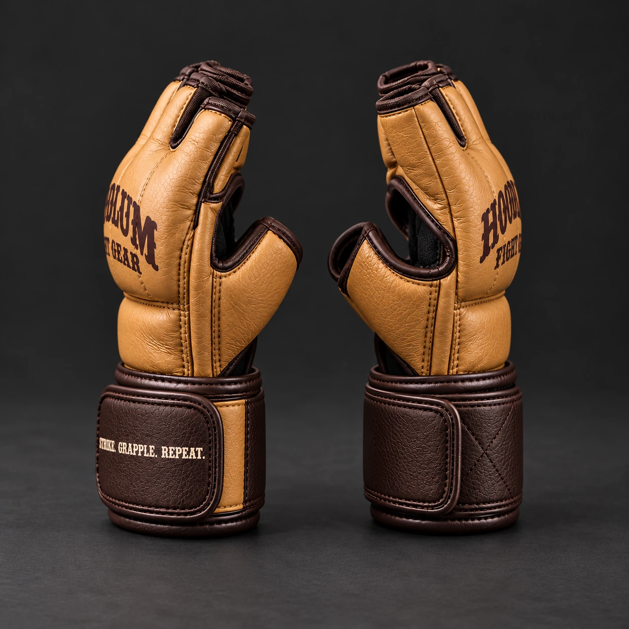 Crimson MMA Gloves — Camel / Espresso — Opposite-side view (AI demo concept)