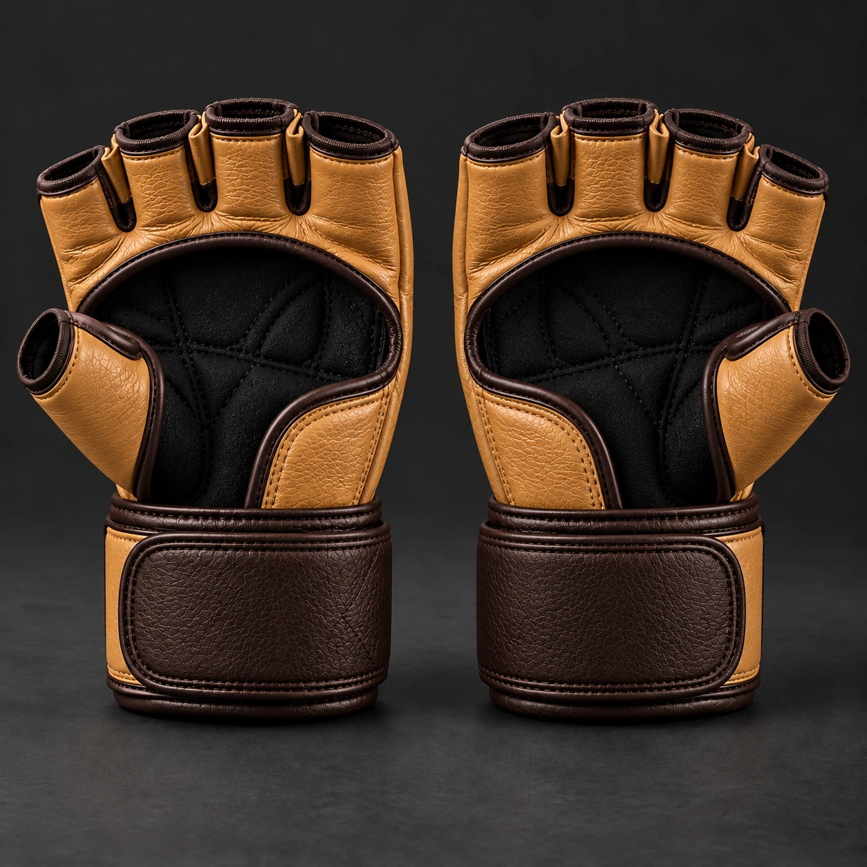 Crimson MMA Gloves — Camel / Espresso — Rear view (AI demo concept)