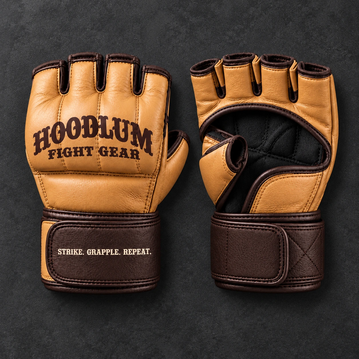 Crimson MMA Gloves — Camel / Espresso — Top view (AI demo concept)