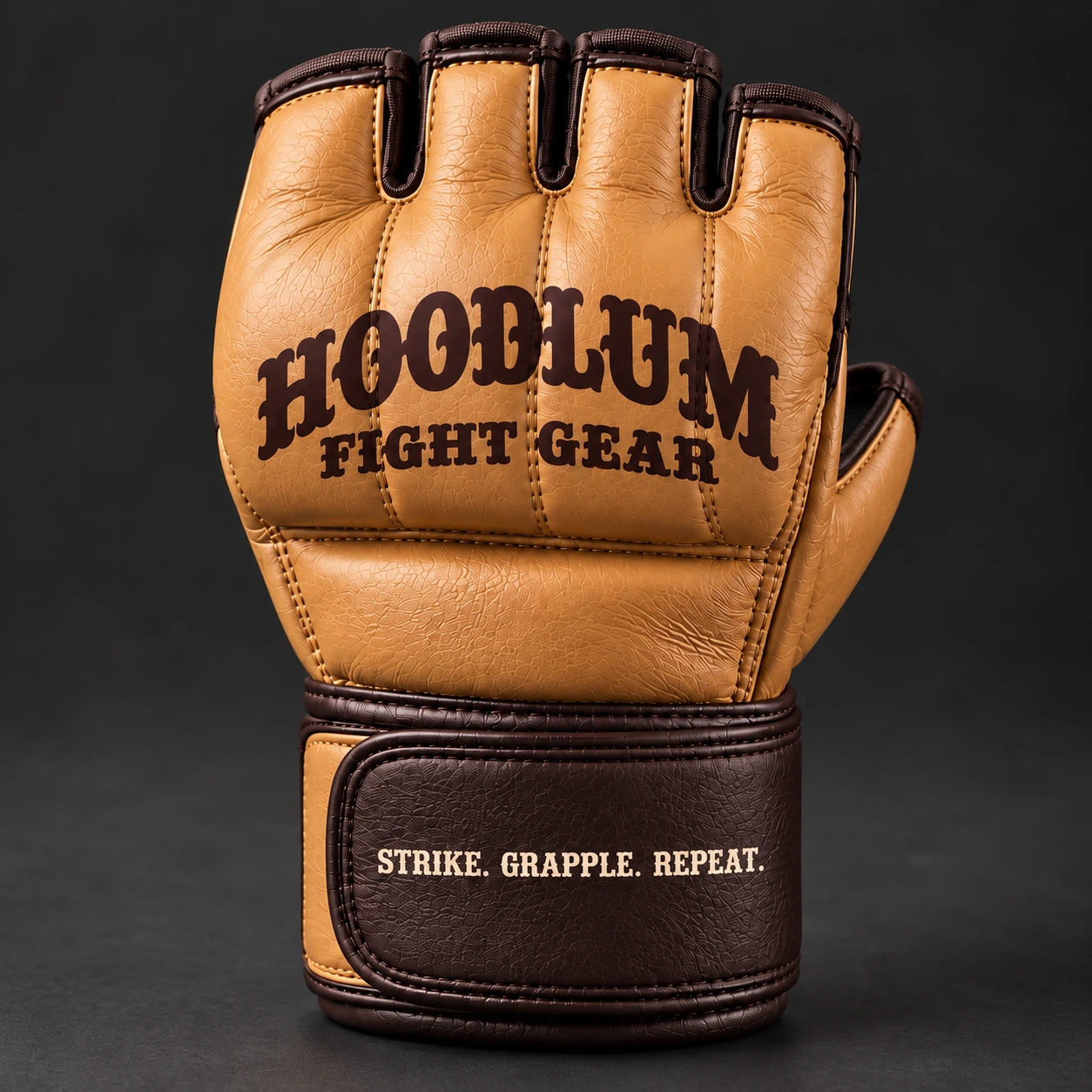 Crimson MMA Gloves — Camel / Espresso — Branding detail (AI demo concept)