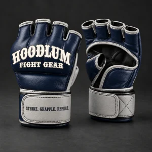 Crimson MMA Gloves — Midnight / Ice — Three-quarter view (AI demo concept)
