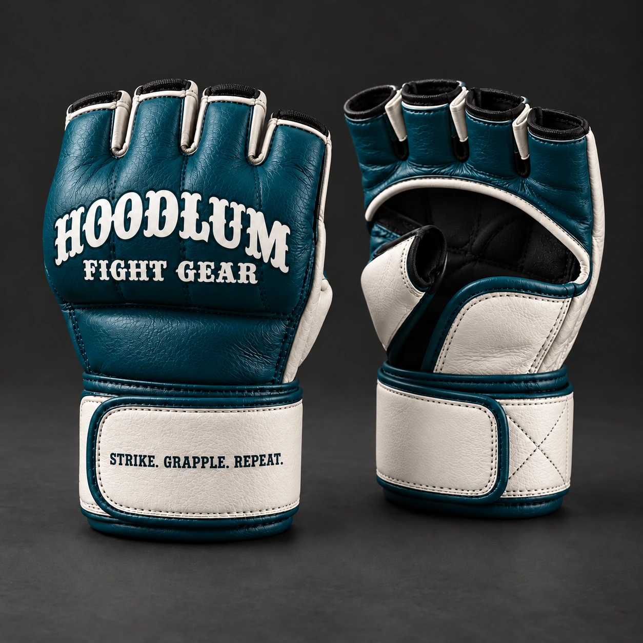 Crimson MMA Gloves — Petrol / Chalk — Three-quarter view (AI demo concept)