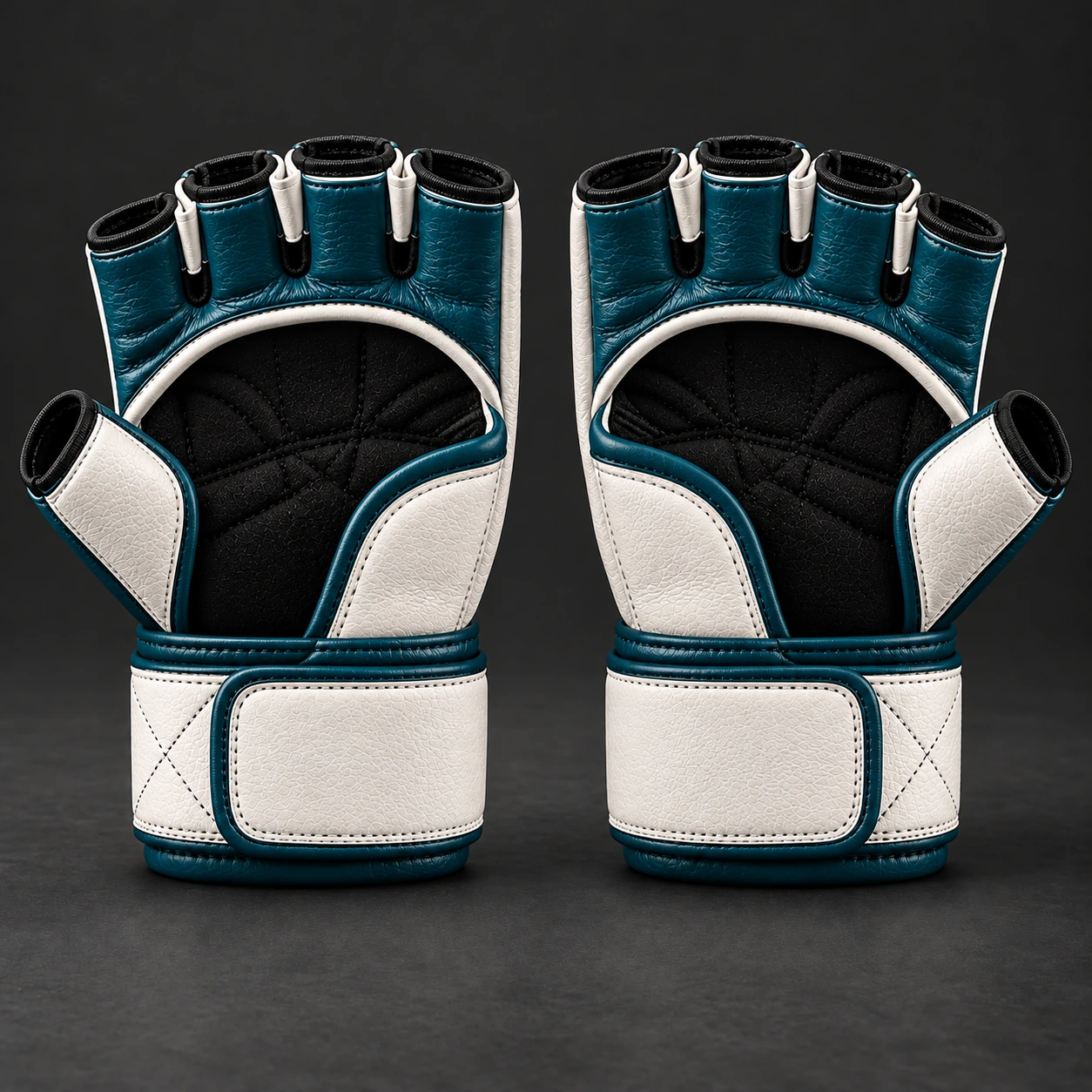 Crimson MMA Gloves — Petrol / Chalk — Rear view (AI demo concept)