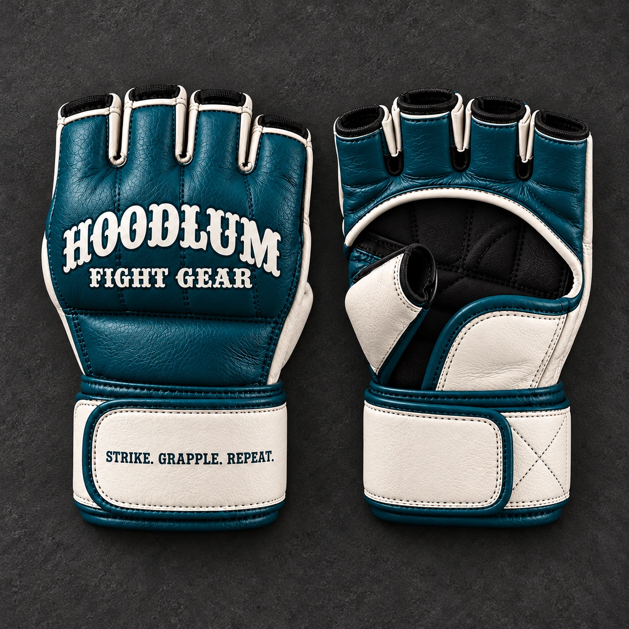 Crimson MMA Gloves — Petrol / Chalk — Top view (AI demo concept)