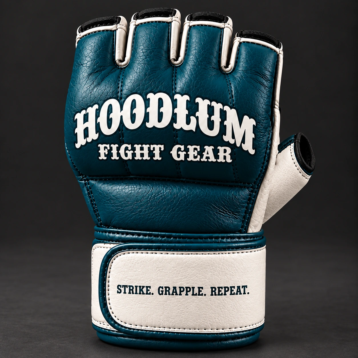 Crimson MMA Gloves — Petrol / Chalk — Branding detail (AI demo concept)
