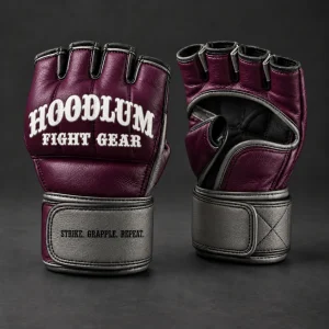 Crimson MMA Gloves — Plum / Pewter — Three-quarter view (AI demo concept)