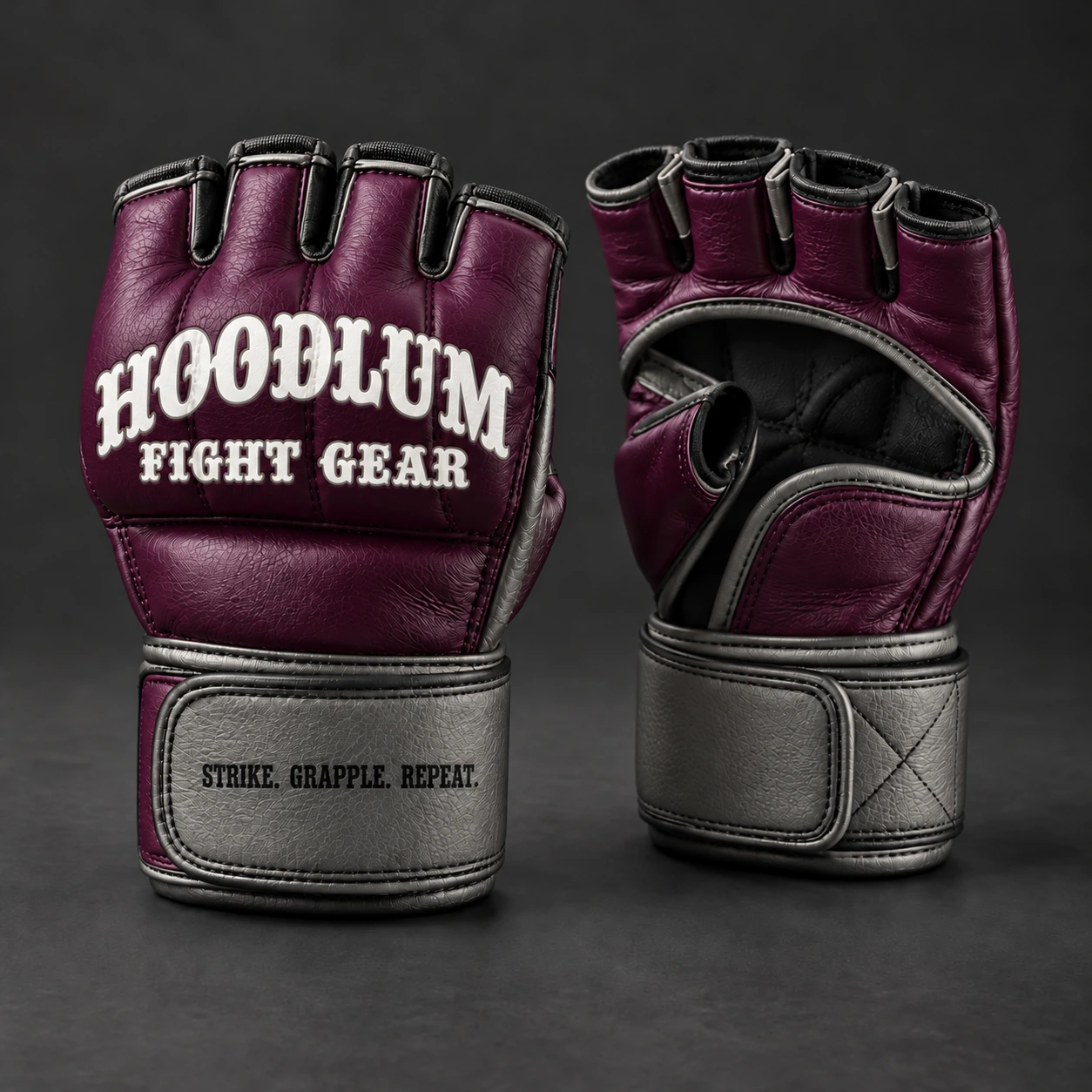 Crimson MMA Gloves — Plum / Pewter — Three-quarter view (AI demo concept)