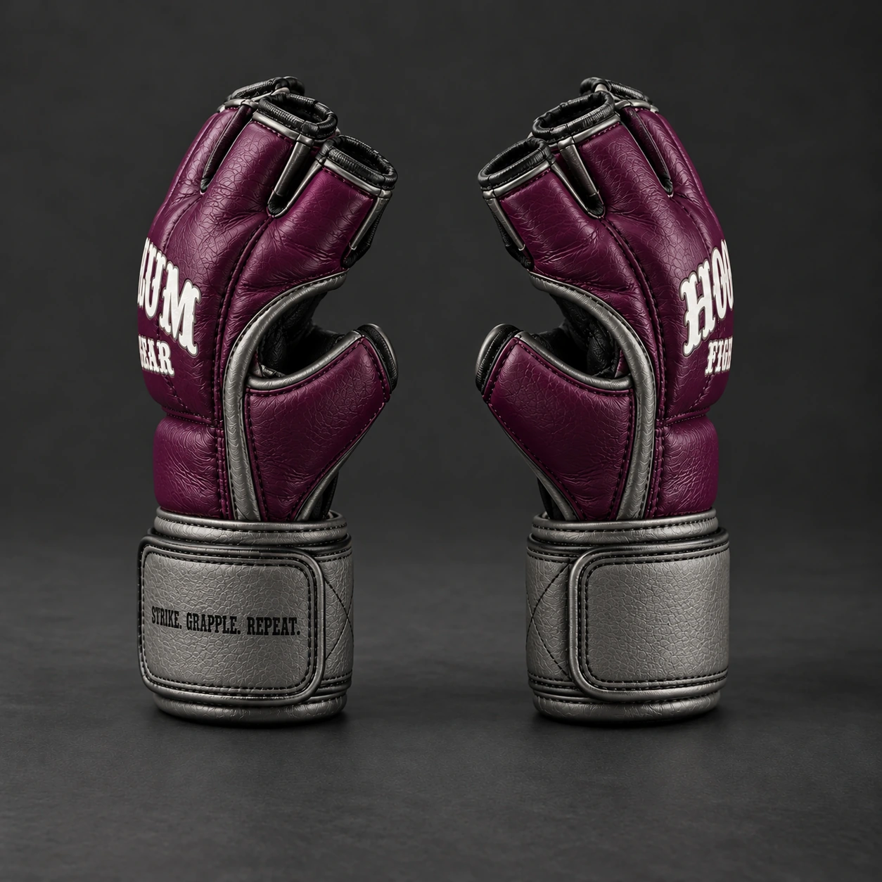 Crimson MMA Gloves — Plum / Pewter — Opposite-side view (AI demo concept)