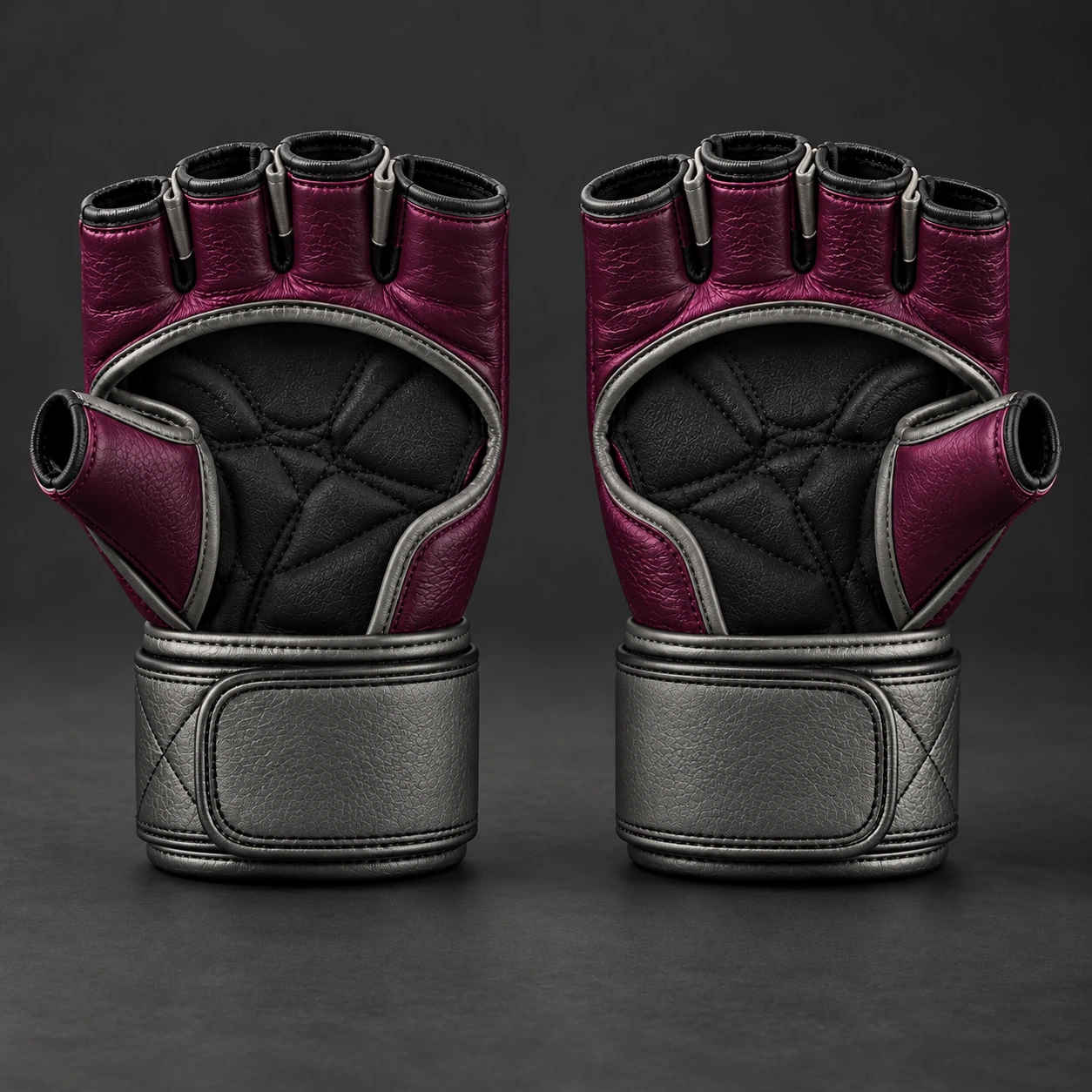 Crimson MMA Gloves — Plum / Pewter — Rear view (AI demo concept)