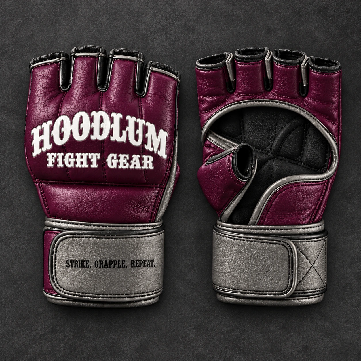 Crimson MMA Gloves — Plum / Pewter — Top view (AI demo concept)